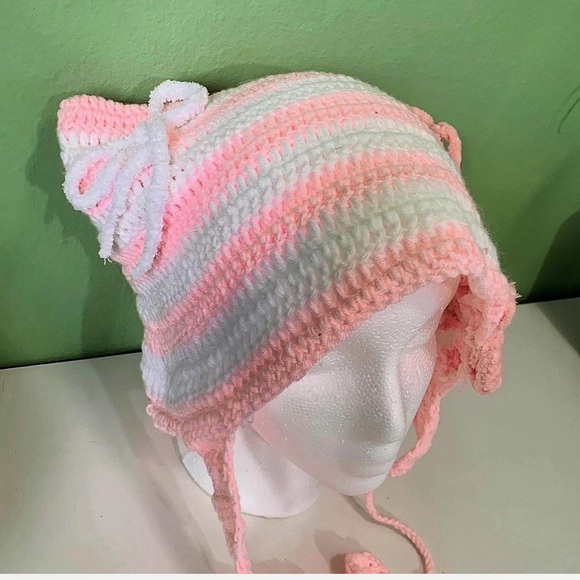 Handmade Pink & White Striped Crochet Cat Ear Bonnet - Picture 3 of 3